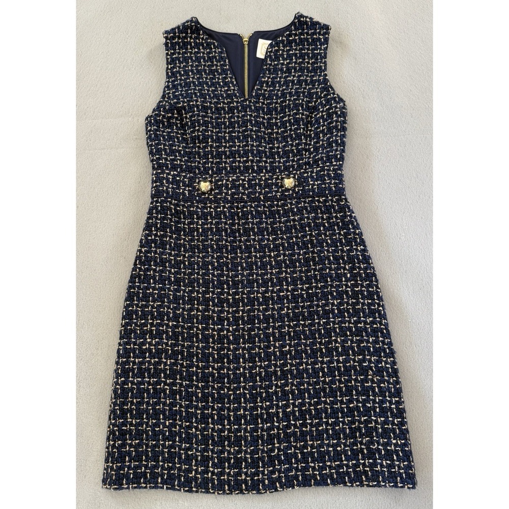 Sail To Sable Tweed Boucle Dress Navy Gold Button Classic Preppy Coastal Chic 2